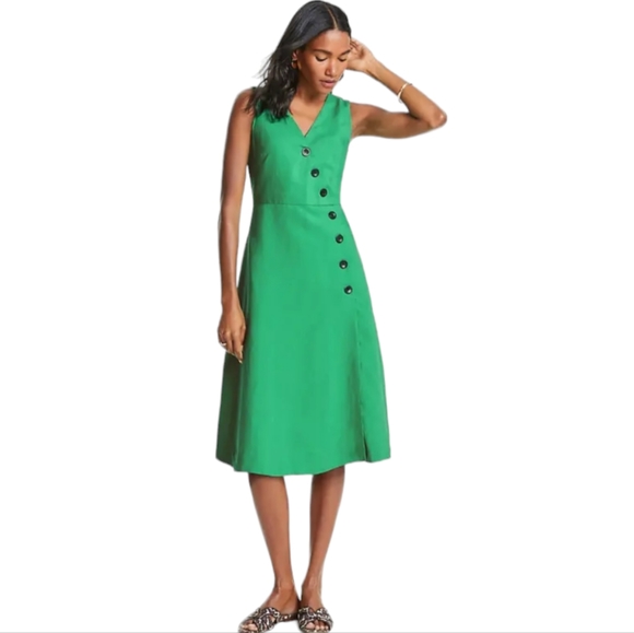 Nwot Ann Taylor Green Faux Wrap Side Button Linen Blend Sleeveless Flared Dress - Picture 7 of 15